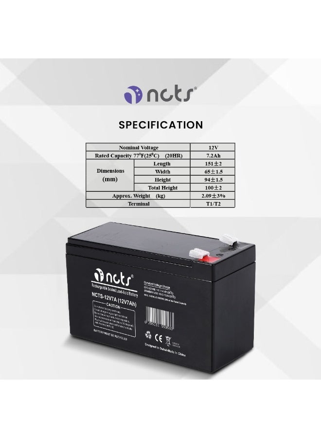 NCTS بطارية قابلة للشحن 12V7Ah مغلقة من الرصاص الحمضي – تقنية AGM، عمر طويل بدون صيانة للـ UPS، القوارب الصغيرة، الطاقة الشمسية، أنظمة الأمان، مع ضمان. - Image 5
